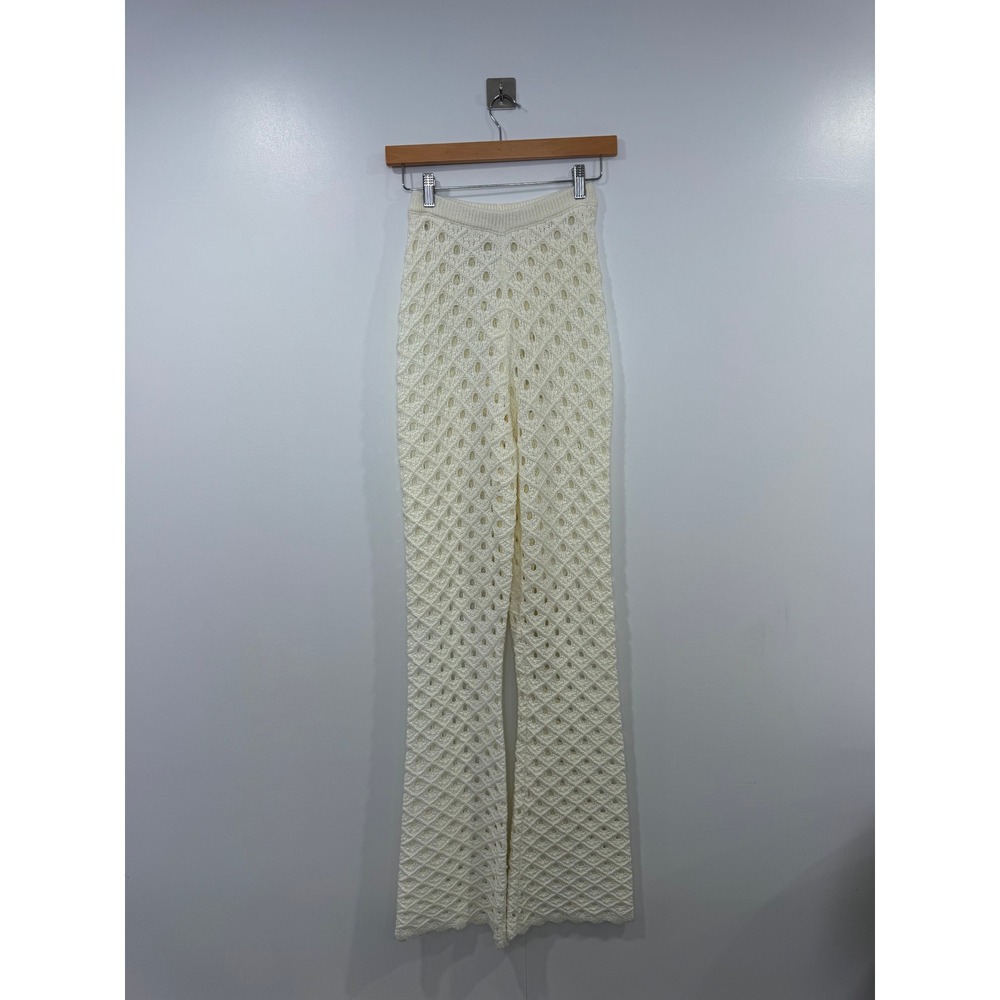 Meshki Women Cream Crochet Knit High Waisted Wide Leg Pants XS